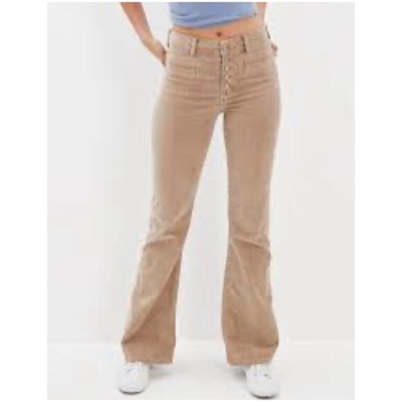 American Eagle Women’s Sz 12 Tan Super High Rise Flare Jeans Stretch Corduroy - Picture 1 of 14